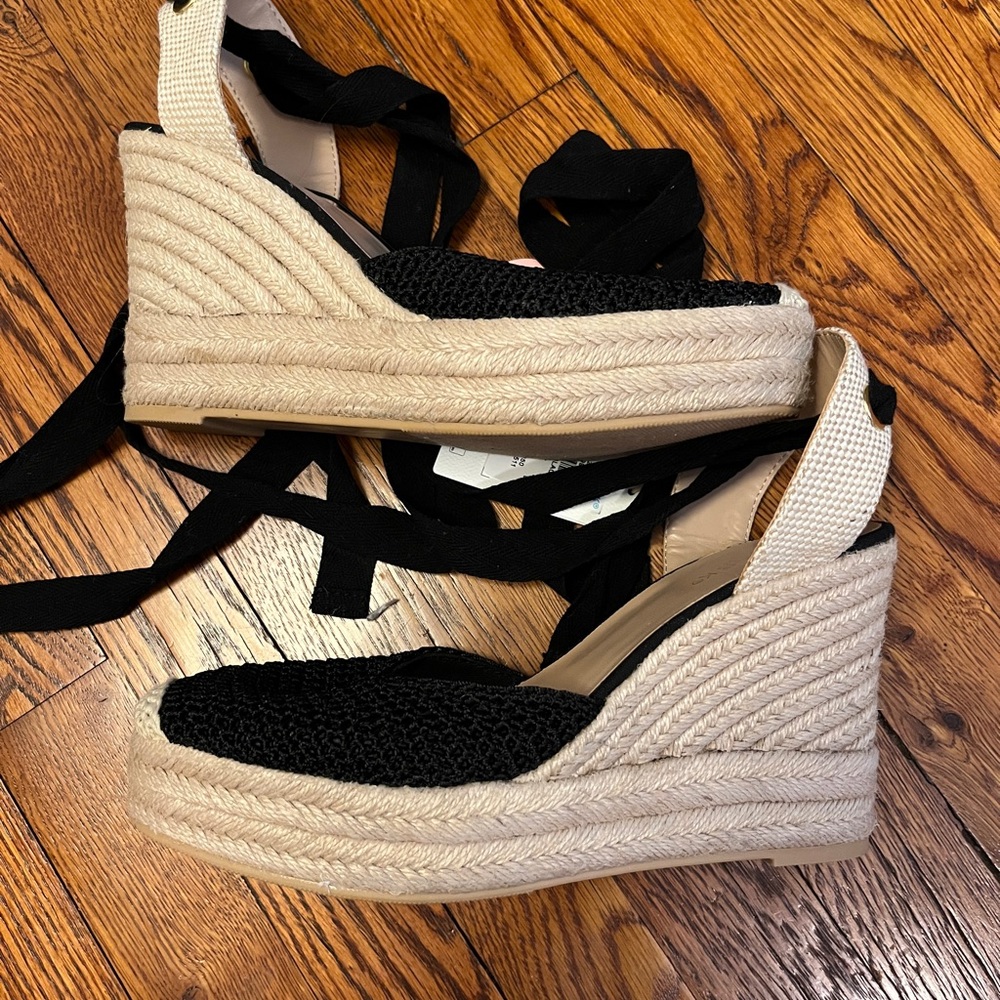 Primark Black Knit Espadrille Wedge Sandals with Cream Braided Platform